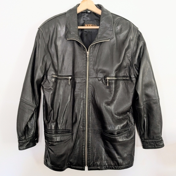 Modello Classic Other - 90s Grunge Oversized Style Black Leather Jacket Coat Large Mens Size 38